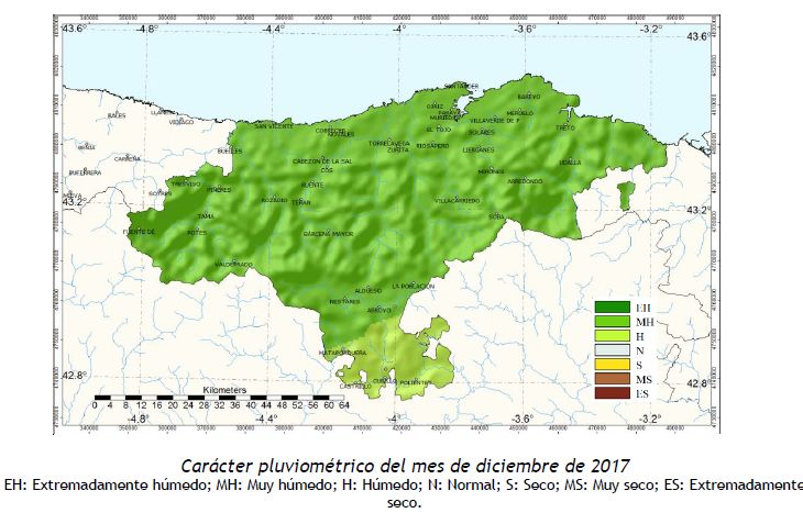 Carácter  pluviométrico Cantabria Diciembre 2017