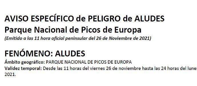 Aviso Especfico de PELIGRO de ALUDES Parque Nacional de Picos de Europa 